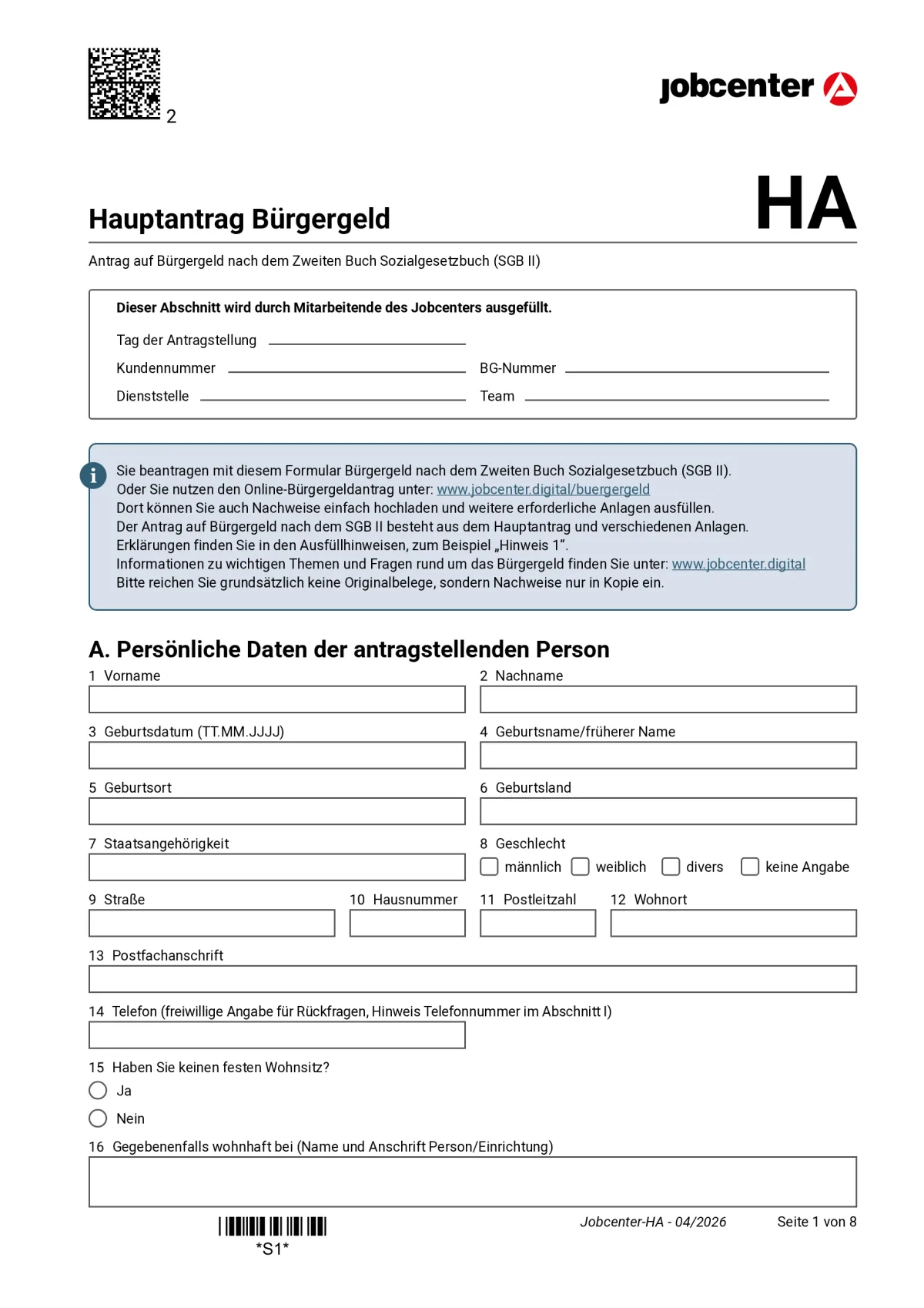 Hauptantrag Bürgergeld page 1: section A with the applicant's personal details, items 1 to 16