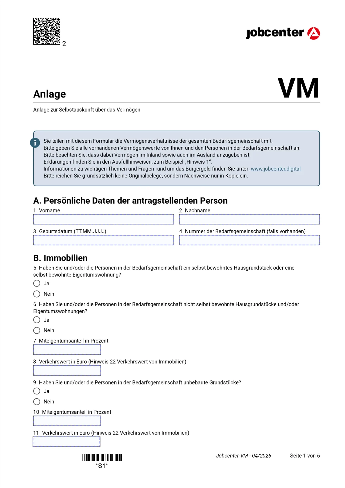 Anlage VM Seite 1: Abschnitt A persönliche Daten und Abschnitt B Immobilien, Punkte 1 bis 11
