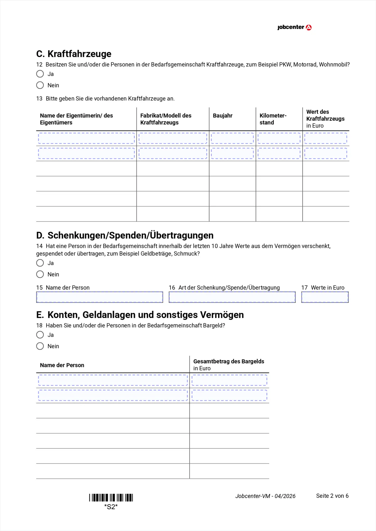 Anlage VM Seite 2: Abschnitt C Kraftfahrzeuge, Abschnitt D Schenkungen, Beginn von Abschnitt E mit dem Bargeld, Punkte 12 bis 18