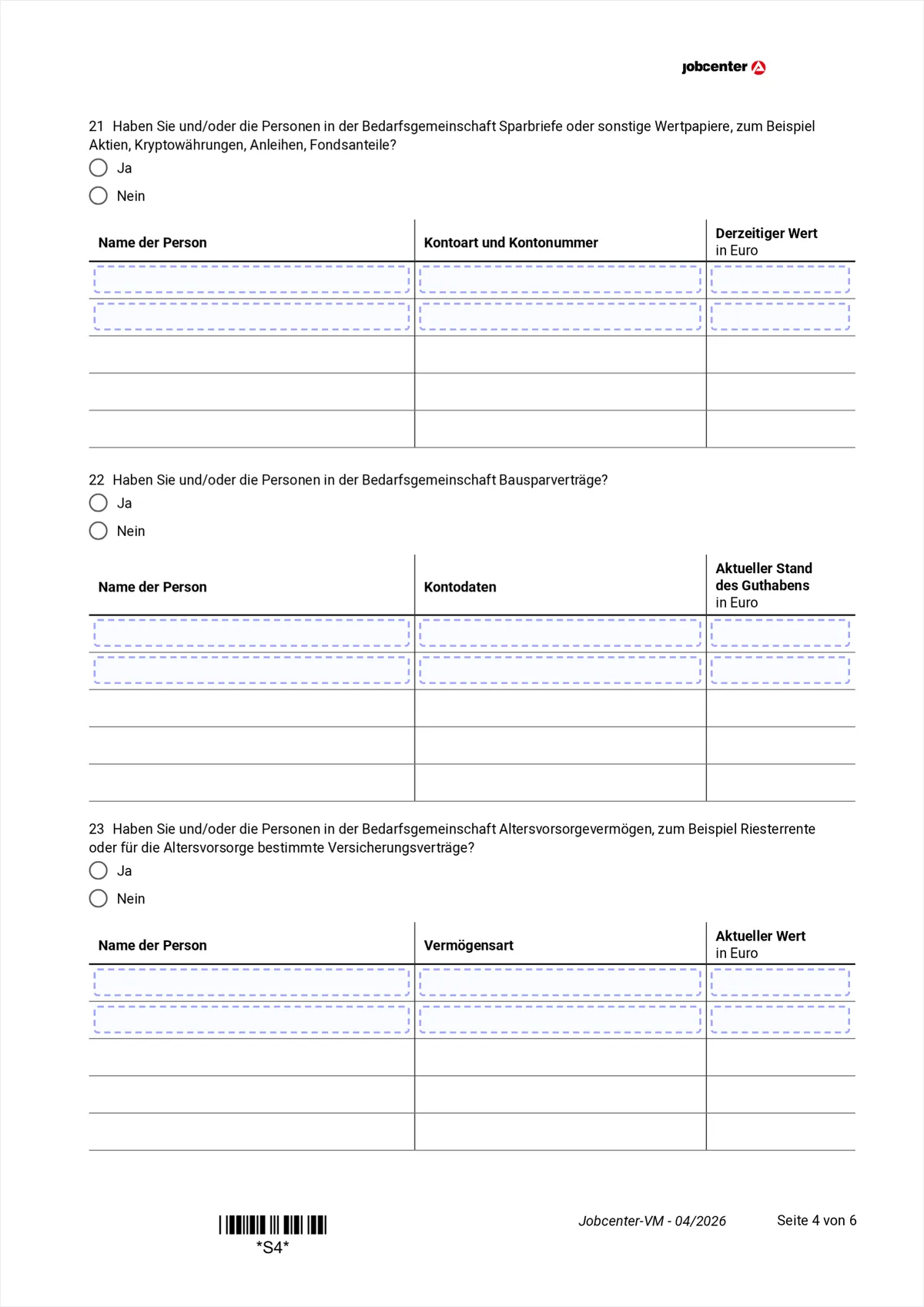 Anlage VM Seite 4: Sparbriefe und Wertpapiere, Bausparverträge, Altersvorsorgevermögen, Punkte 21 bis 23