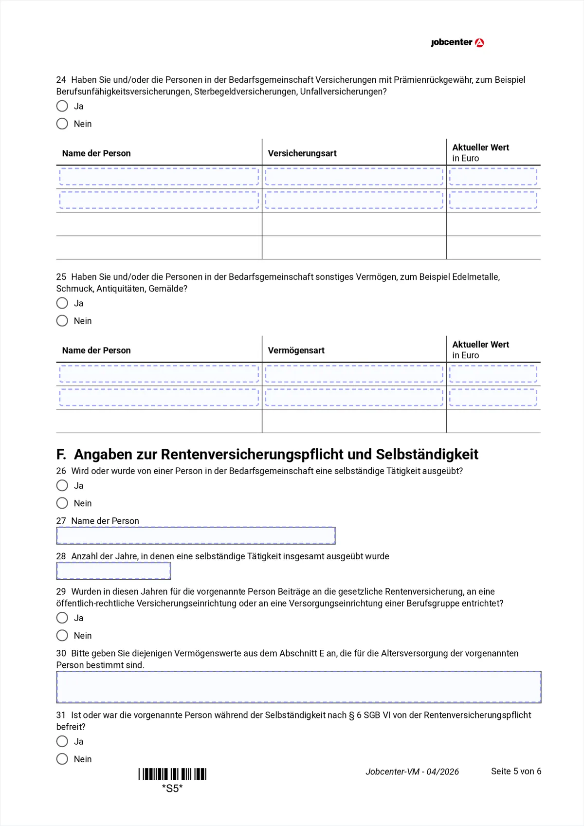Anlage VM Seite 5: Versicherungen mit Prämienrückgewähr, sonstiges Vermögen, Abschnitt F zur Rentenversicherungspflicht, Punkte 24 bis 29