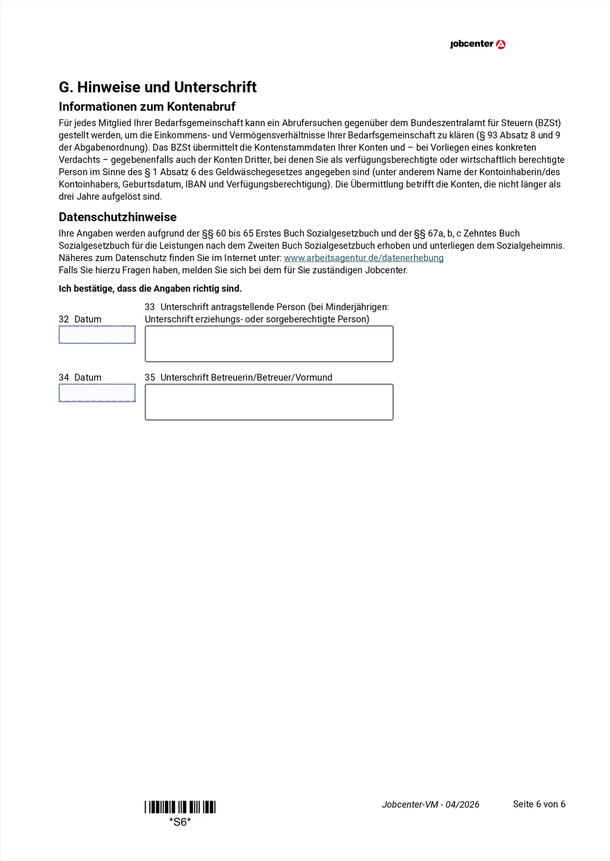 Anlage VM Seite 6: Ende von Abschnitt F, Datenschutzhinweise, Datum und Unterschrift