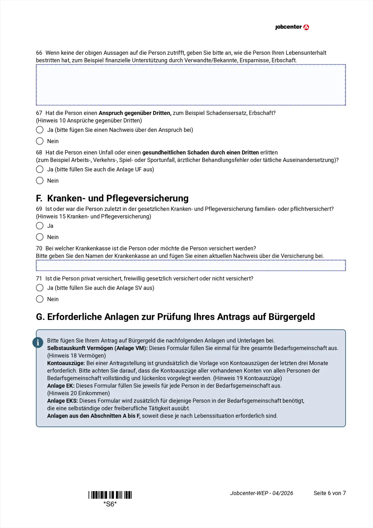 Anlage WEP page 6: how the person lived, claims against third parties, health insurance, list of Anlagen, items 66 to 71