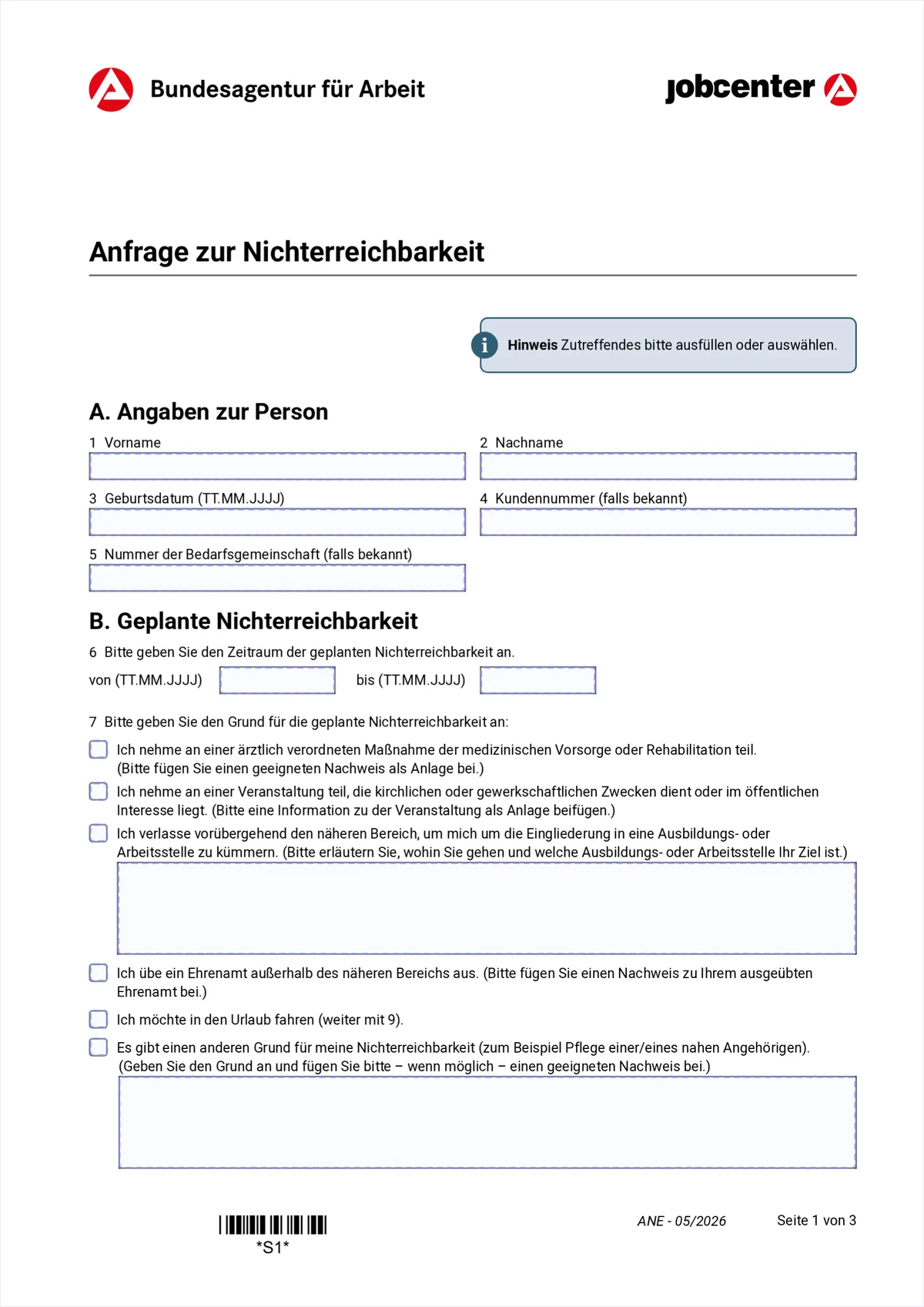ANE form page 1: section A personal details and section B with the period and the reason for the planned absence, items 1 to 7