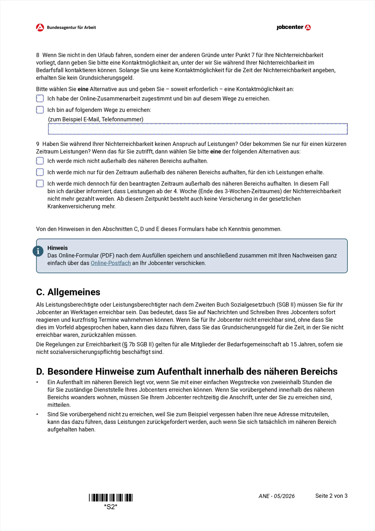 ANE form page 2: item 8 contact option, item 9 entitlement, section C general notes