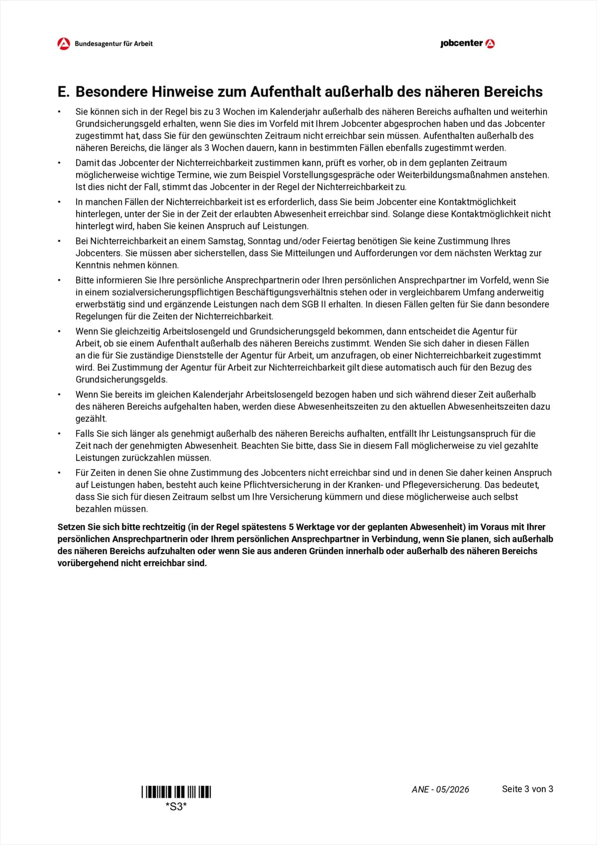 ANE form page 3: section E with the notes on staying outside the näherer Bereich