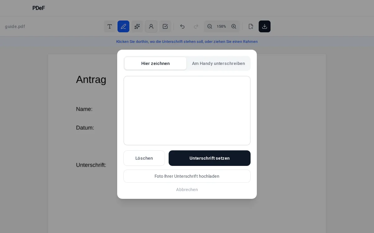 Unterschrift im PDeF-Editor zeichnen oder per QR-Code vom Handy erfassen