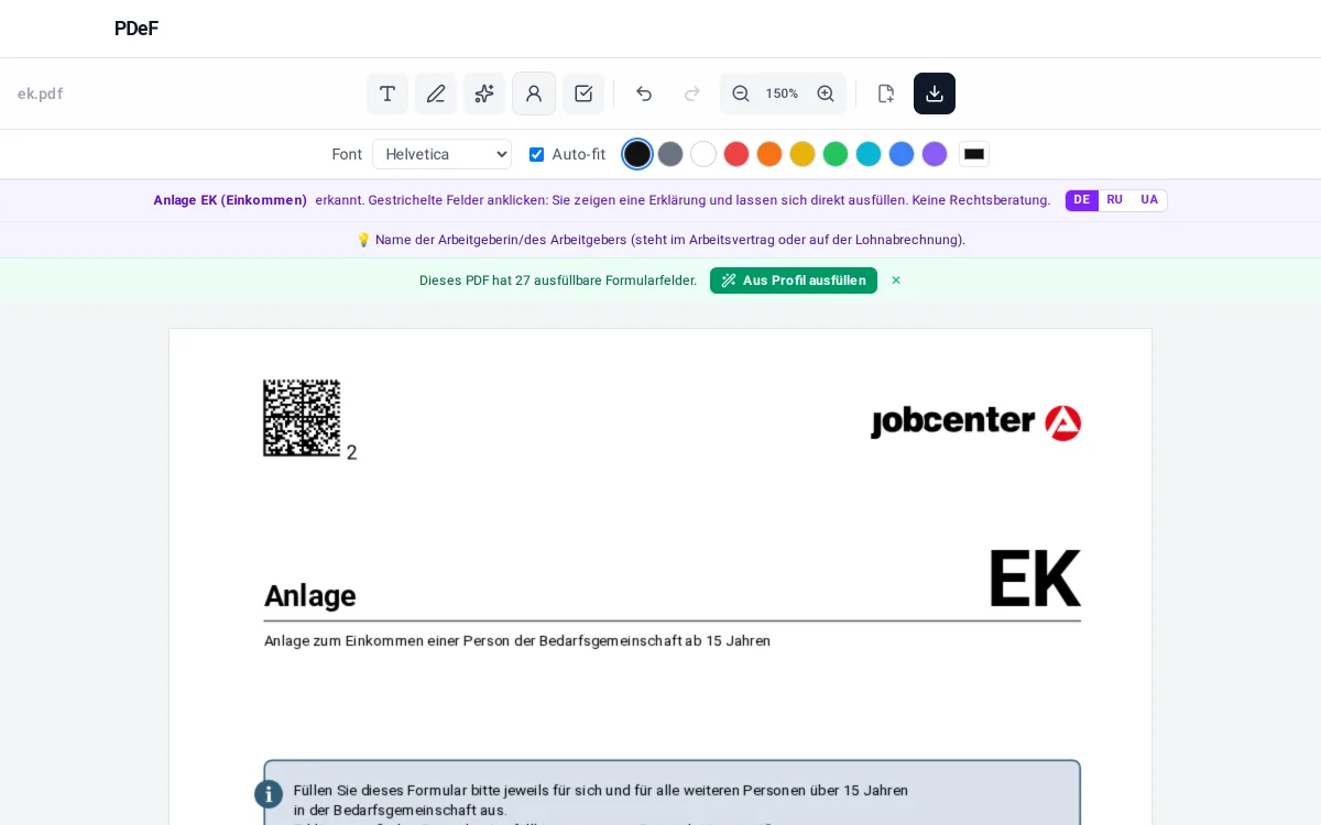Anlage EK im PDeF-Editor: erkanntes Formular mit Felderklärung zu Lohn und Fahrtkosten