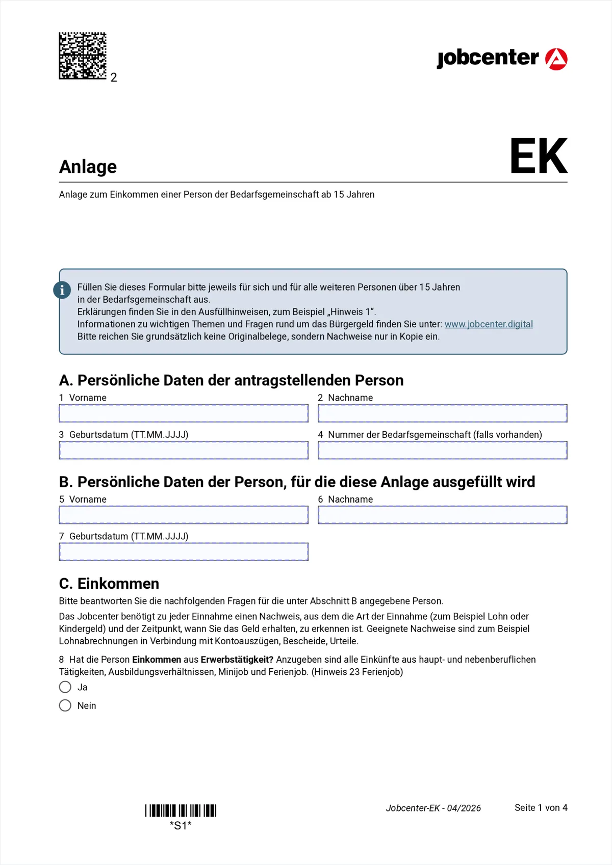 Anlage EK page 1: section A the applicant, section B the person this Anlage is about, items 1 to 8