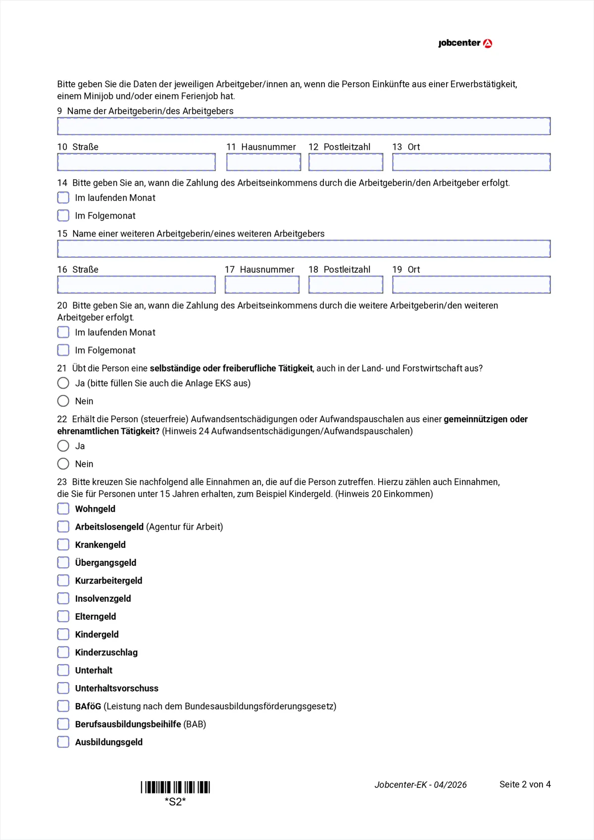 Anlage EK page 2: employer details and the tick list of income, items 9 to 23