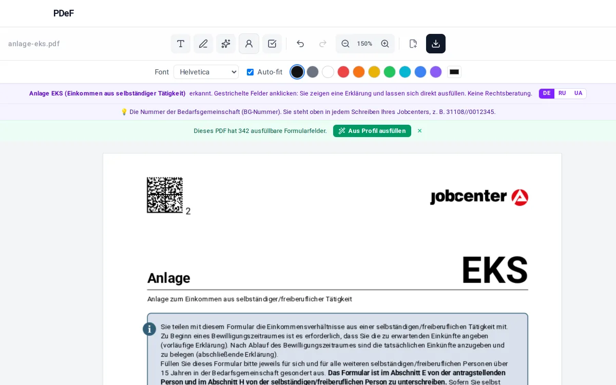Anlage EKS im PDeF-Editor: erkanntes Formular mit Zeilenerklärung und BG-Nummer-Hinweis
