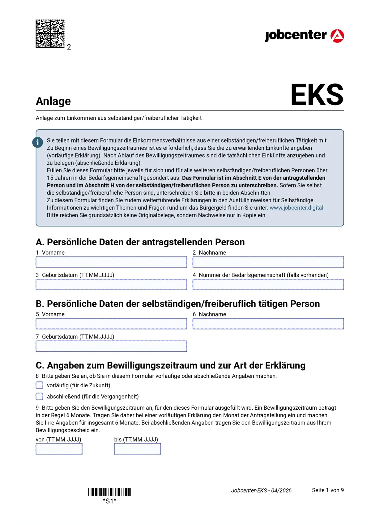 Anlage EKS page 1: section A the applicant, section B the self-employed person, section C the approval period, items 1 to 9