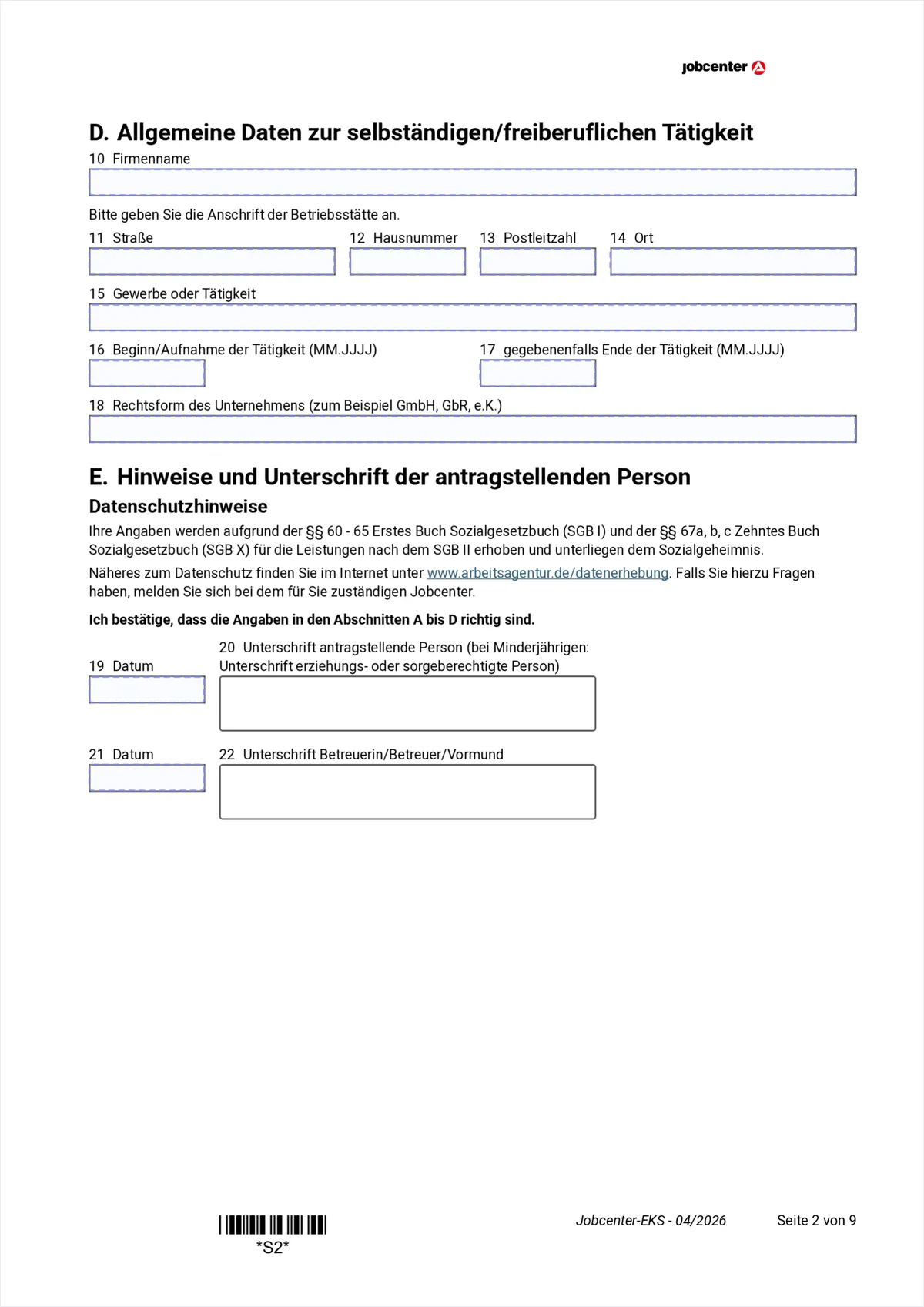 Anlage EKS page 2: section D business data and section E with the applicant's signature, items 10 to 22