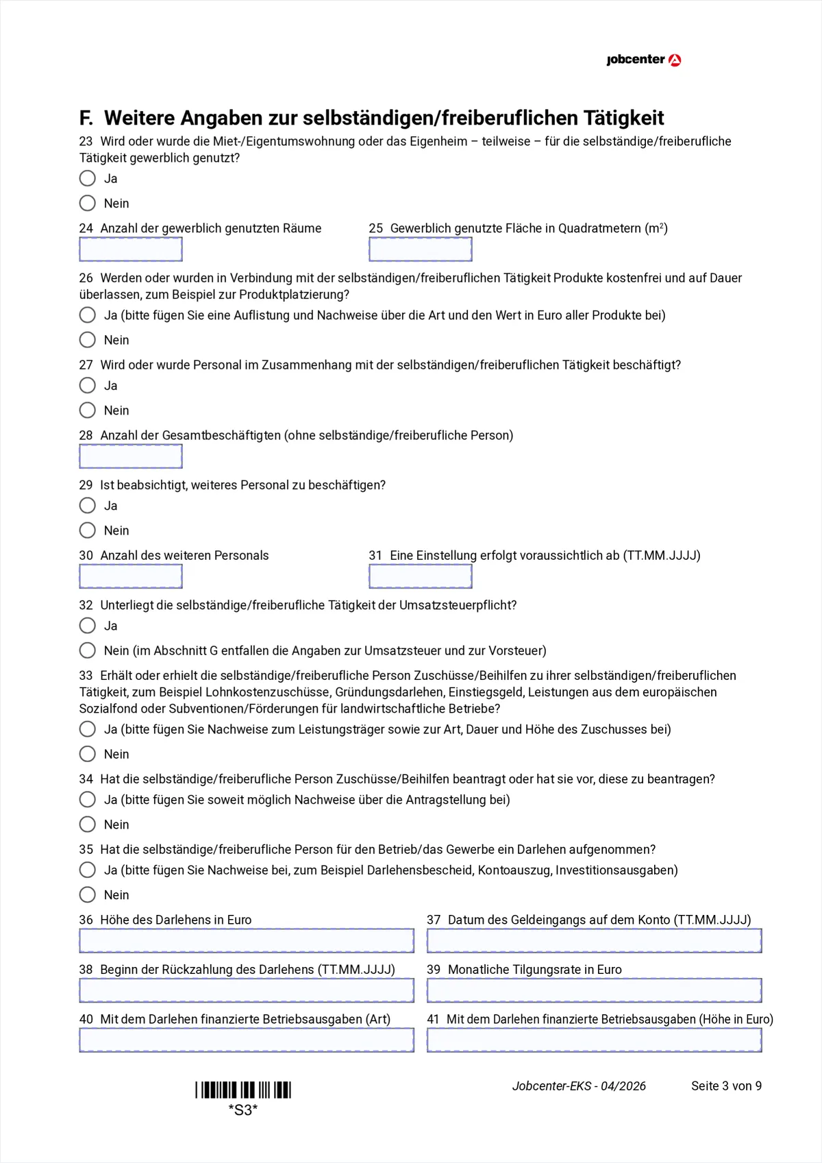 Anlage EKS page 3: section F with questions on commercial use of the home, staff, VAT liability, subsidies and loans, items 23 to 41