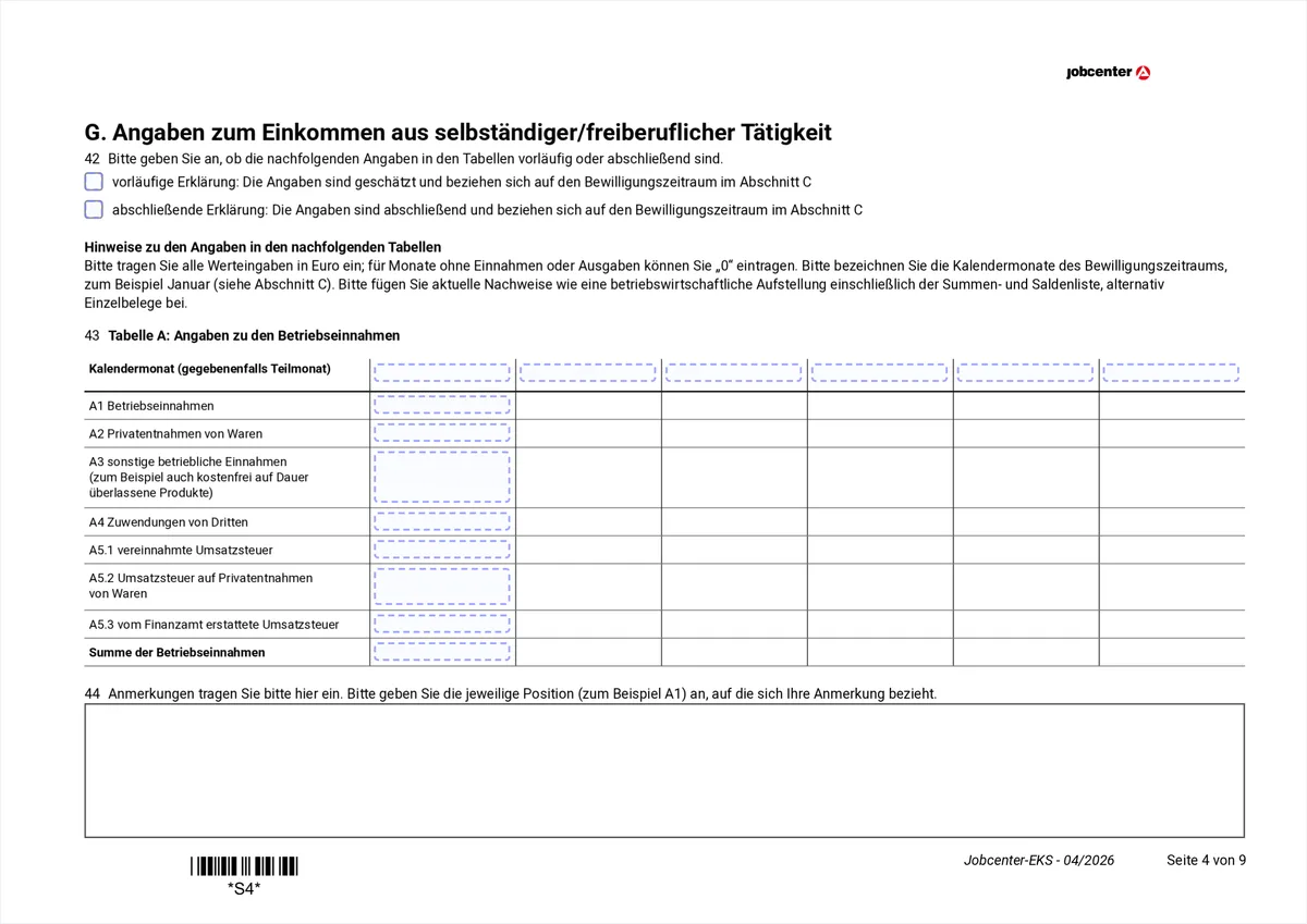 Anlage EKS page 4: table A with business income per calendar month, items 42 to 44