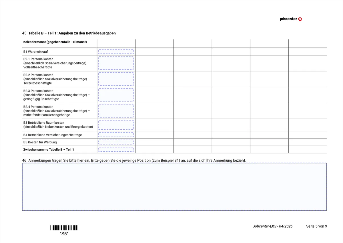 Anlage EKS page 5: table B part 1 with goods purchases, staff costs and premises costs per month