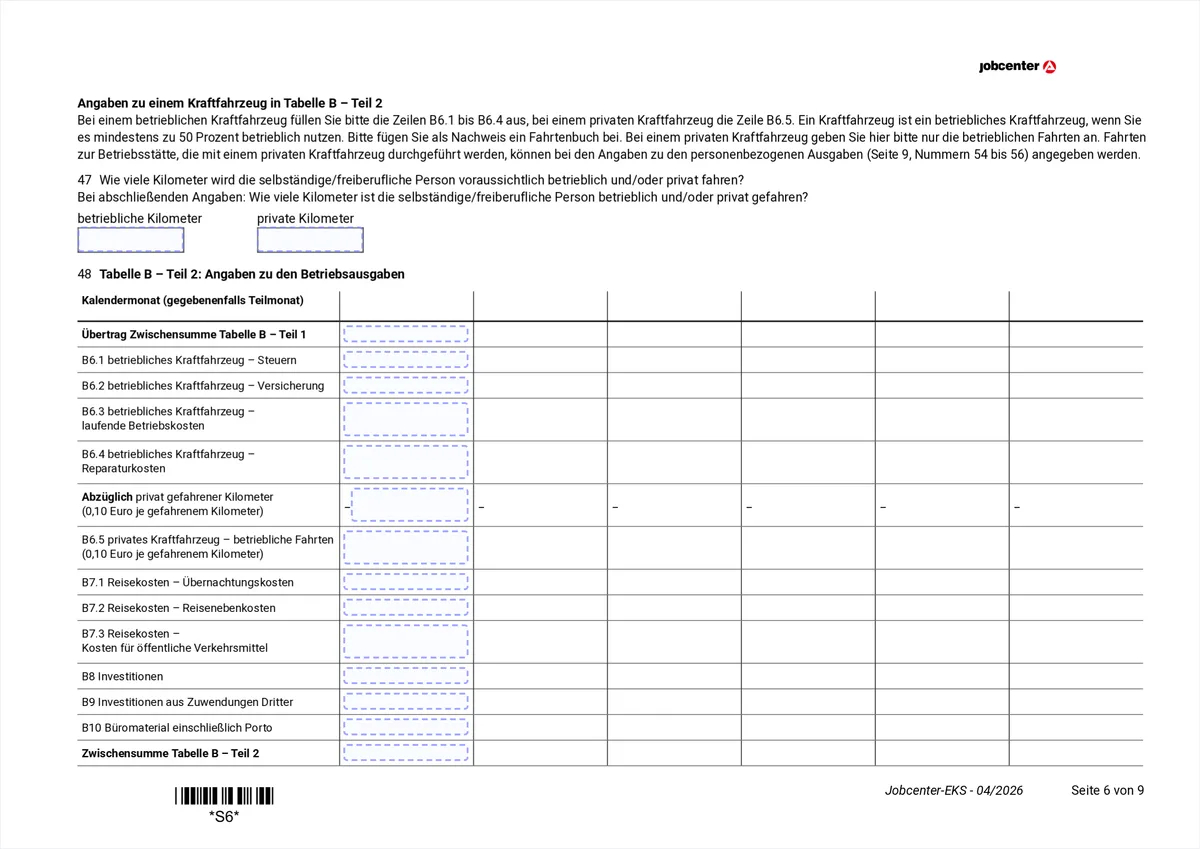 Anlage EKS page 6: table B part 2 with vehicle costs, advertising, investments and the mileage split