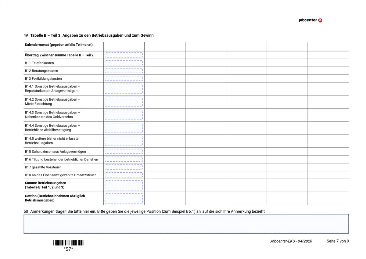 Anlage EKS page 7: table B part 3 with the remaining expenses, the total of business expenses and the profit