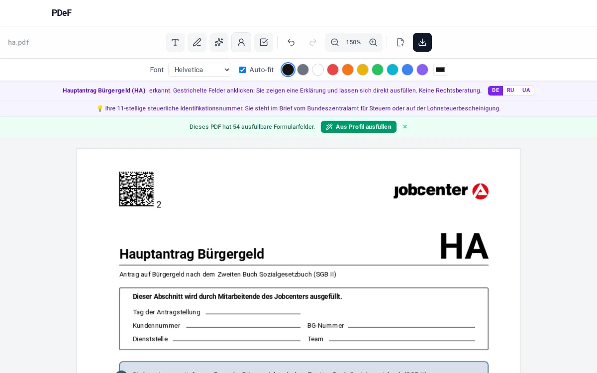 Hauptantrag Bürgergeld im PDeF-Editor: erkanntes Formular mit Felderklärung auf Deutsch, Russisch und Ukrainisch