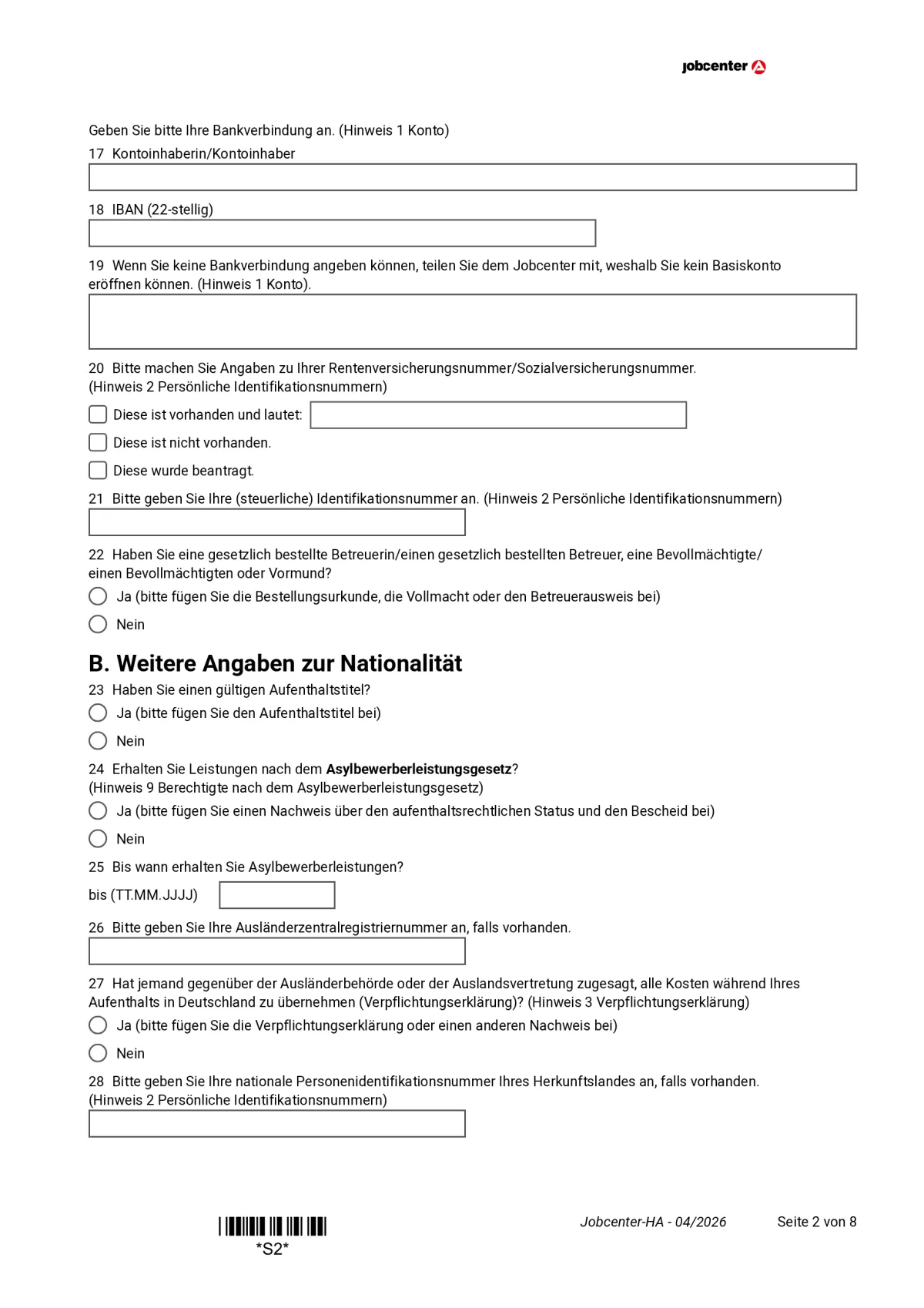 Hauptantrag Bürgergeld page 2: bank details, pension insurance number, tax ID and section B, items 17 to 28