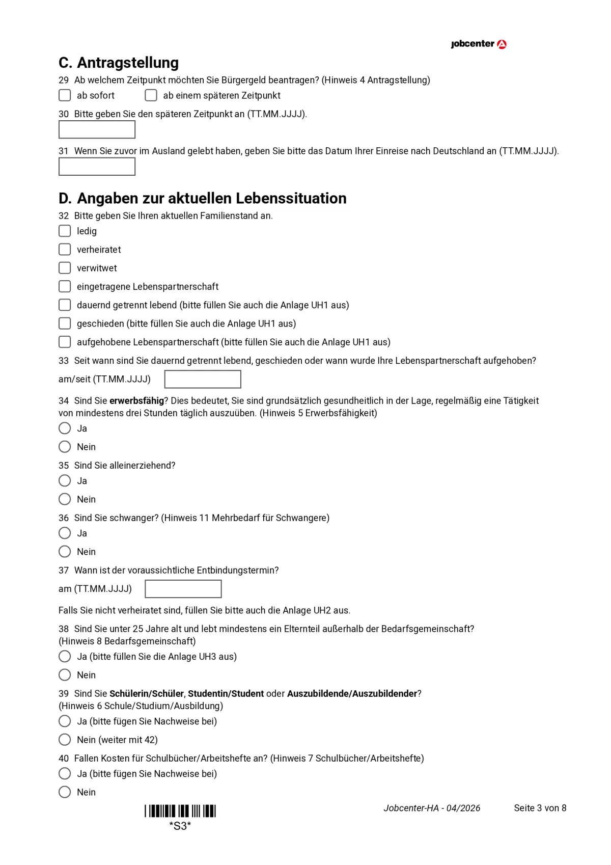 Hauptantrag Bürgergeld page 3: section C on the application and section D on marital status, items 29 to 40