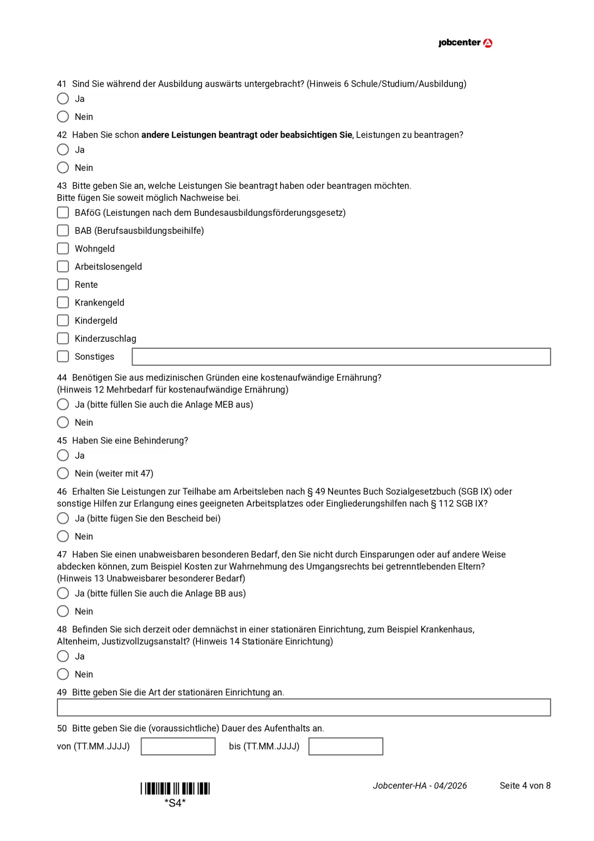 Hauptantrag Bürgergeld page 4: other benefits, disability, stationary facility, items 41 to 50