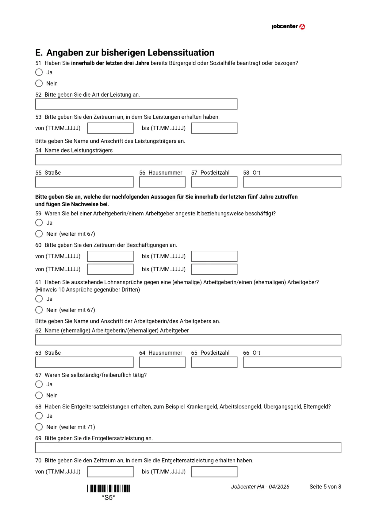 Hauptantrag Bürgergeld page 5: section E on earlier benefits and employment, items 51 to 70