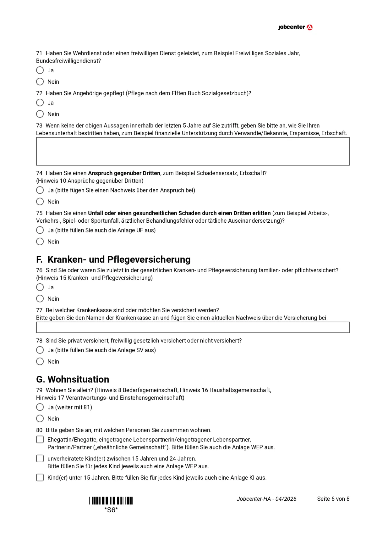 Hauptantrag Bürgergeld page 6: health insurer and who you live with, items 71 to 80