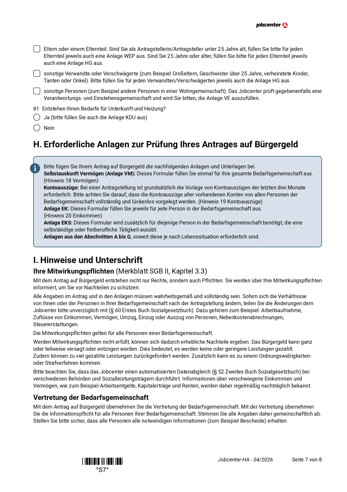 Hauptantrag Bürgergeld page 7: item 81 on housing costs, section H with the list of Anlagen, section I on your duties