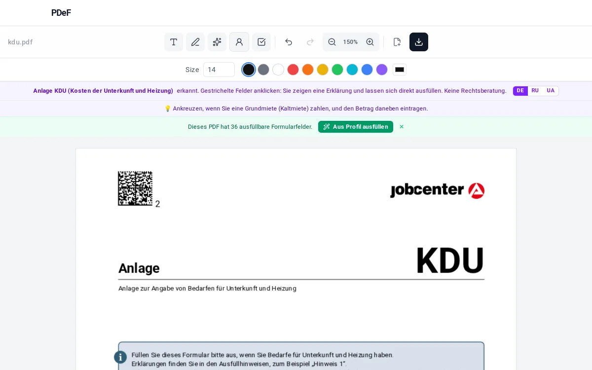 Anlage KDU im PDeF-Editor: erkanntes Formular mit Felderklärung zu Miete und Heizung