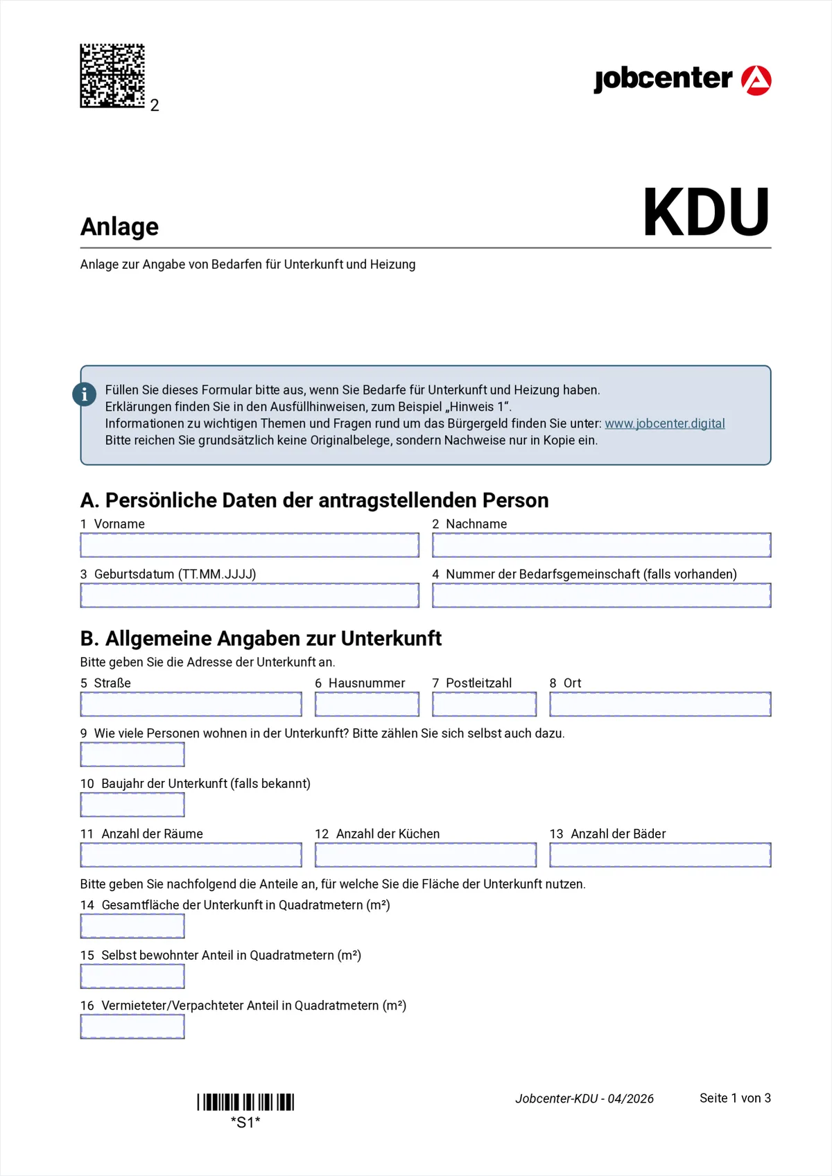 Anlage KDU page 1: personal details and general information about the accommodation, items 1 to 16