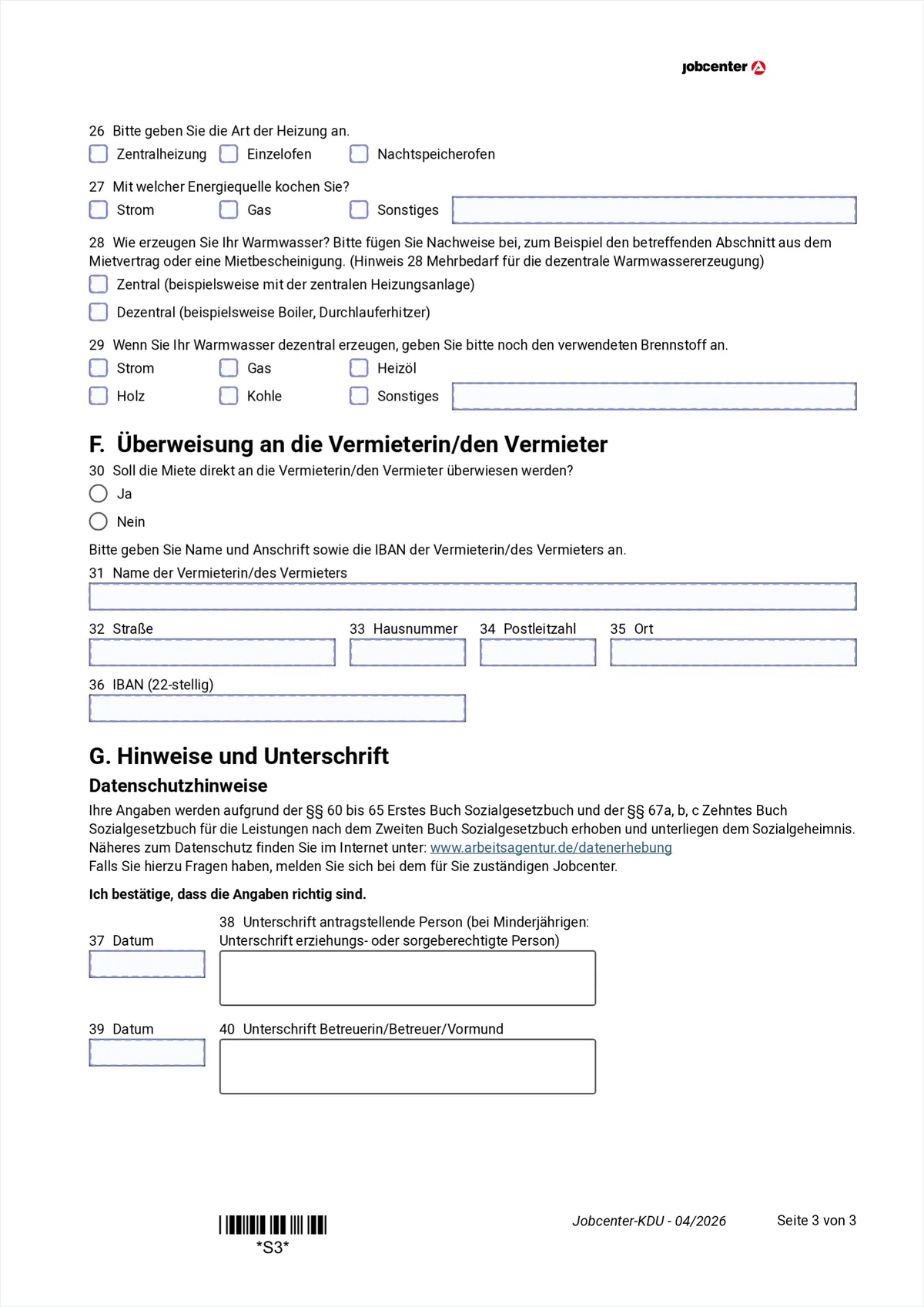 Anlage KDU page 3: type of heating, hot water, transfer to the landlord and signature, items 26 to 40