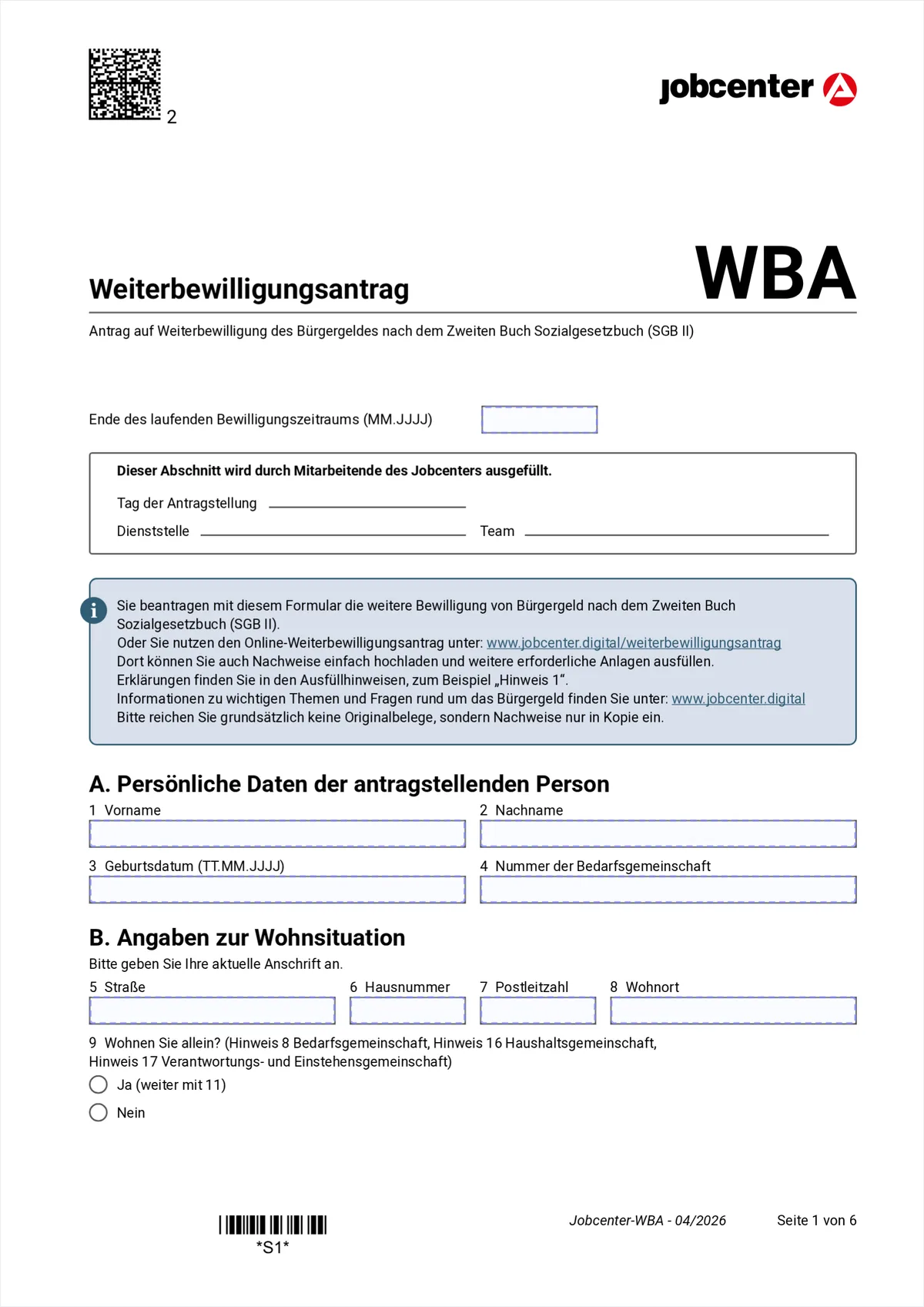 Weiterbewilligungsantrag page 1: end of the approval period, section A personal details, section B address, items 1 to 9
