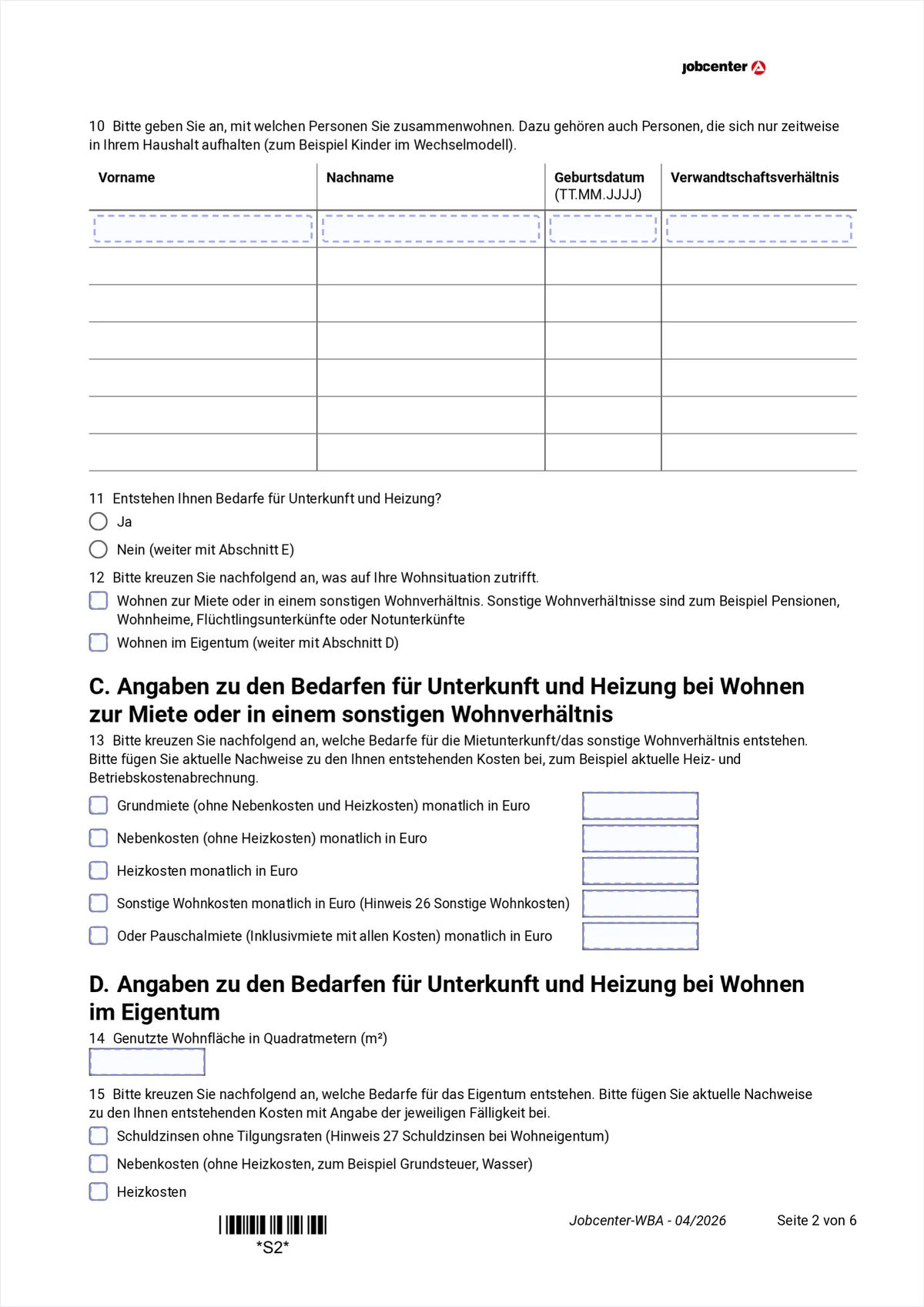 Weiterbewilligungsantrag page 2: table of the people in the household, housing and heating costs, renting and ownership, items 10 to 15