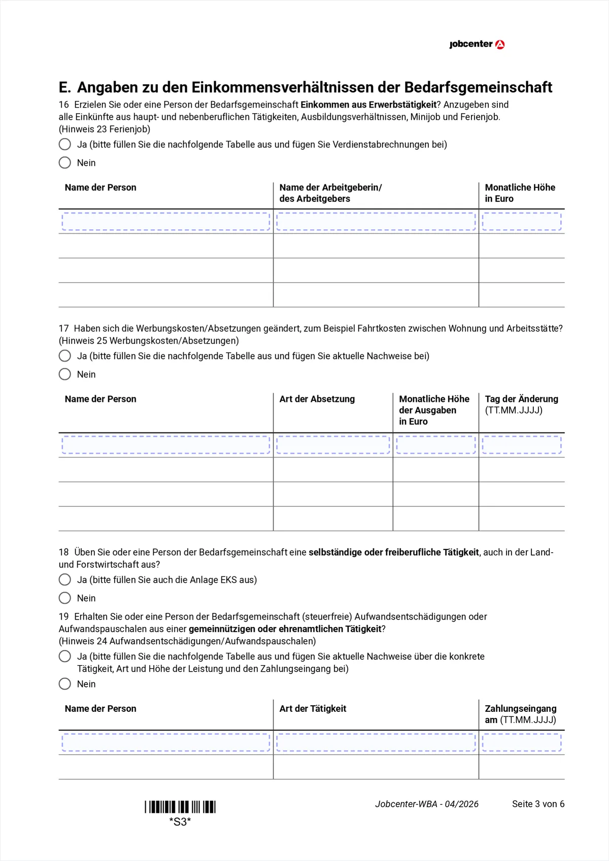 Weiterbewilligungsantrag page 3: section E with employment income, work expenses, self-employment and expense allowances, items 16 to 19