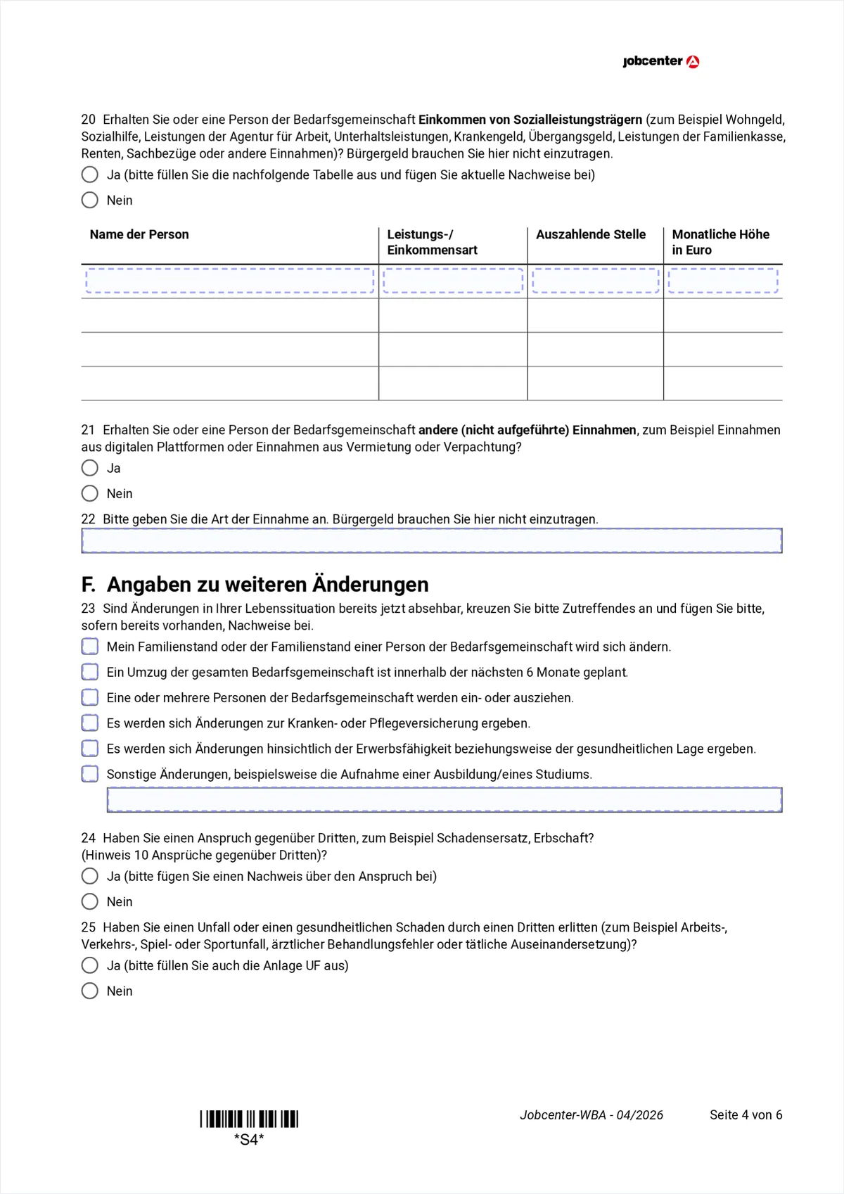 Weiterbewilligungsantrag page 4: income from social agencies, other income, section F with foreseeable changes, items 20 to 25