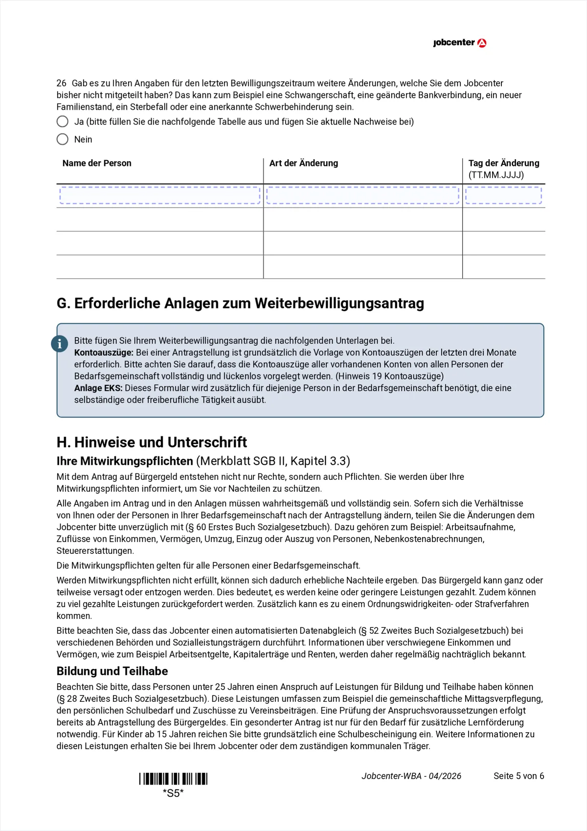 Weiterbewilligungsantrag page 5: changes in the last approval period not yet reported, item 26
