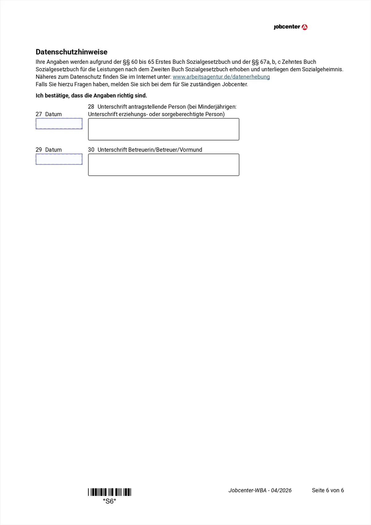 Weiterbewilligungsantrag page 6: duties to cooperate, data protection notes, date and signature
