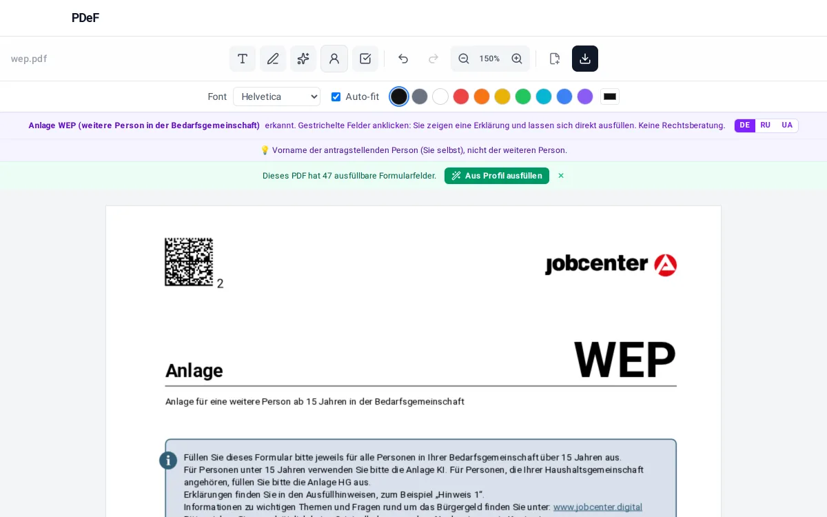 Anlage WEP im PDeF-Editor: erkanntes Formular mit Felderklärung zur weiteren Person