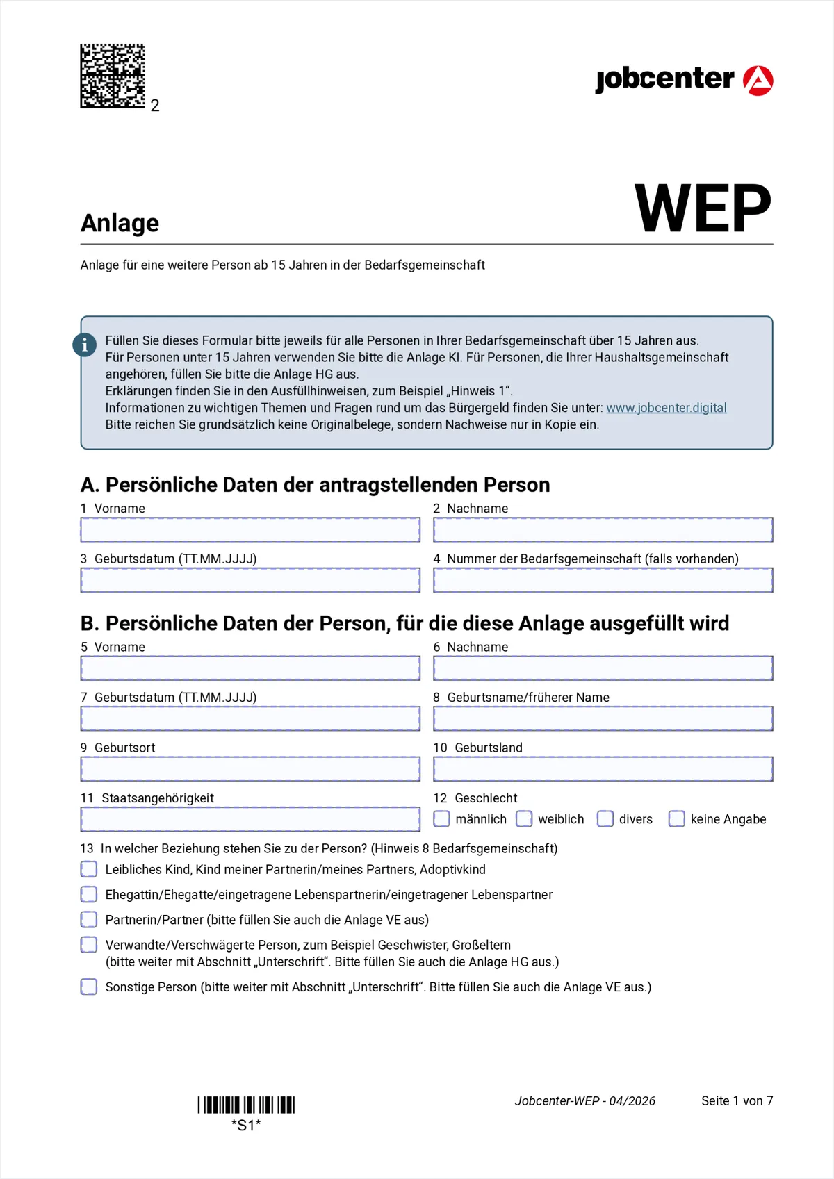 Anlage WEP page 1: section A the applicant, section B the other person, the relationship question, items 1 to 13