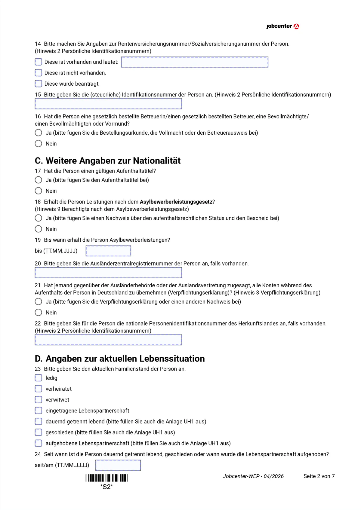 Anlage WEP page 2: pension insurance number, tax ID, section C nationality, section D marital status, items 14 to 24
