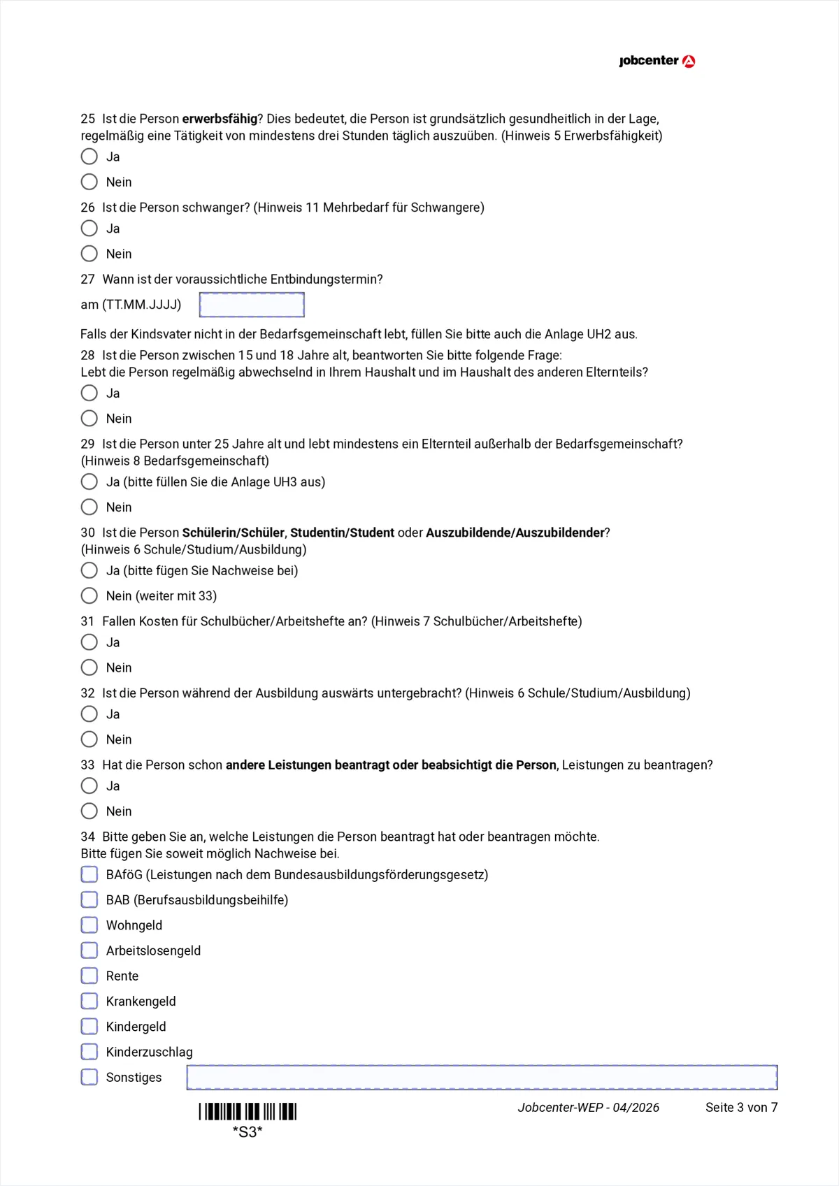 Anlage WEP page 3: employability, pregnancy, school and training, other benefits, items 25 to 34