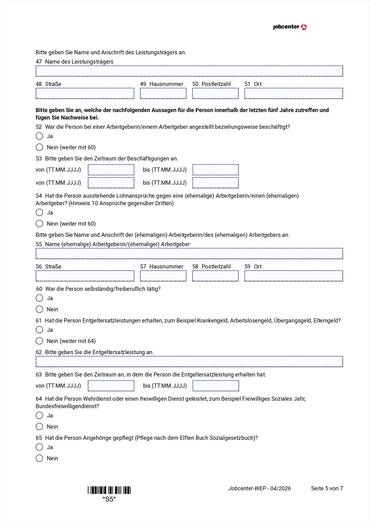 Anlage WEP page 5: former benefit authority, employments, wage replacement benefits, military service, care, items 47 to 65