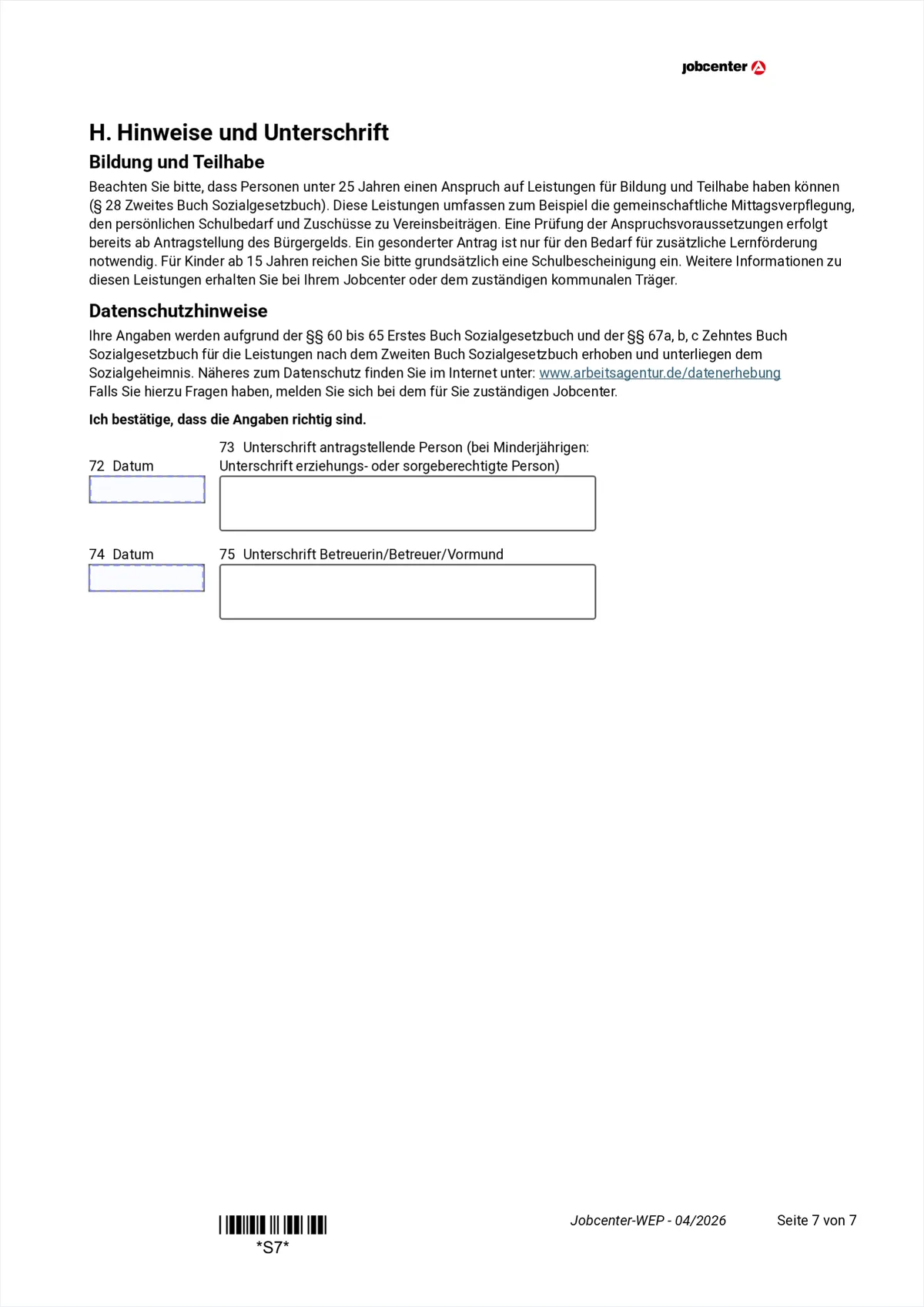 Anlage WEP page 7: education and participation, data protection, date and signature, items 72 to 75